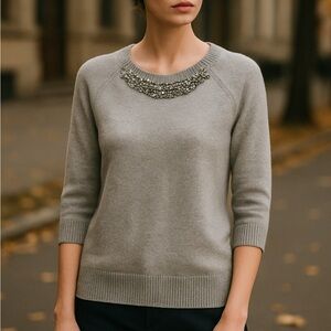 NWT JCP Gray Crystal-Like Jeweled Pendant Quarter inch Sleeve Sweater Sz Large